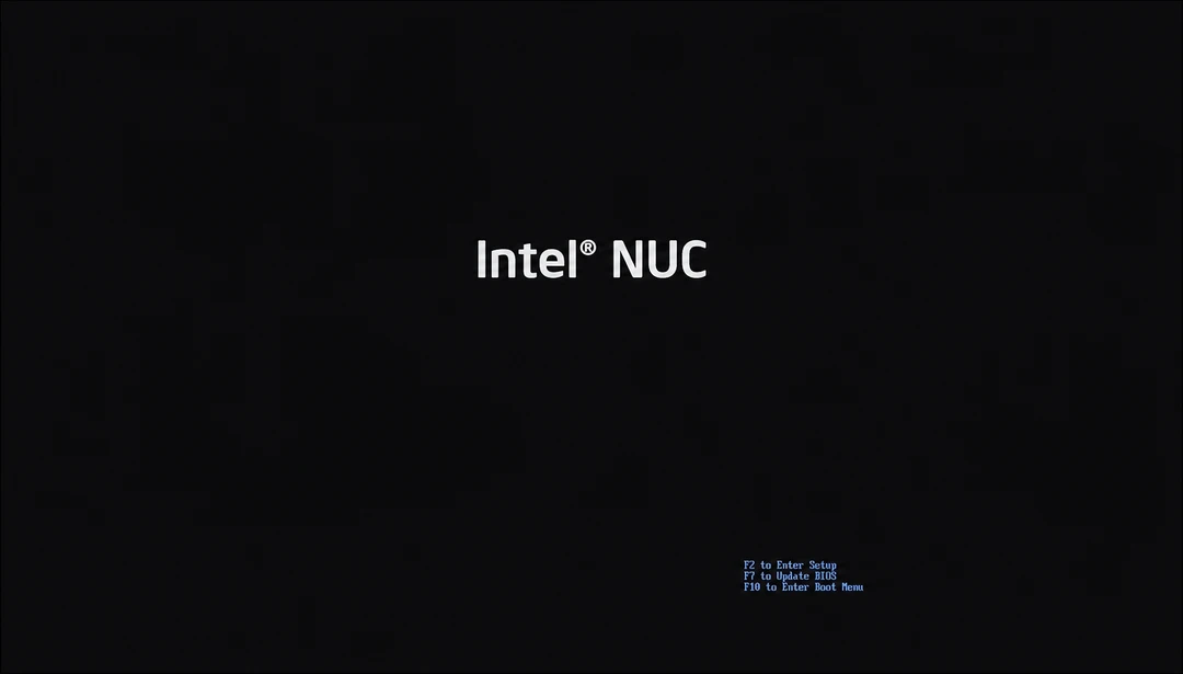 Intel NUC 시작 화면에 BIOS Setup과 Boot Menu 진입용 Function Key가 표시된 모습