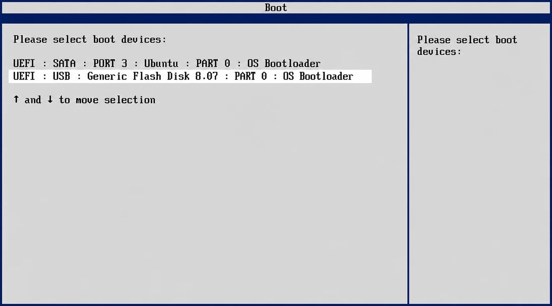 Intel NUC의 One-time Boot Menu에서 Ubuntu 설치 USB 장치를 선택하는 화면
