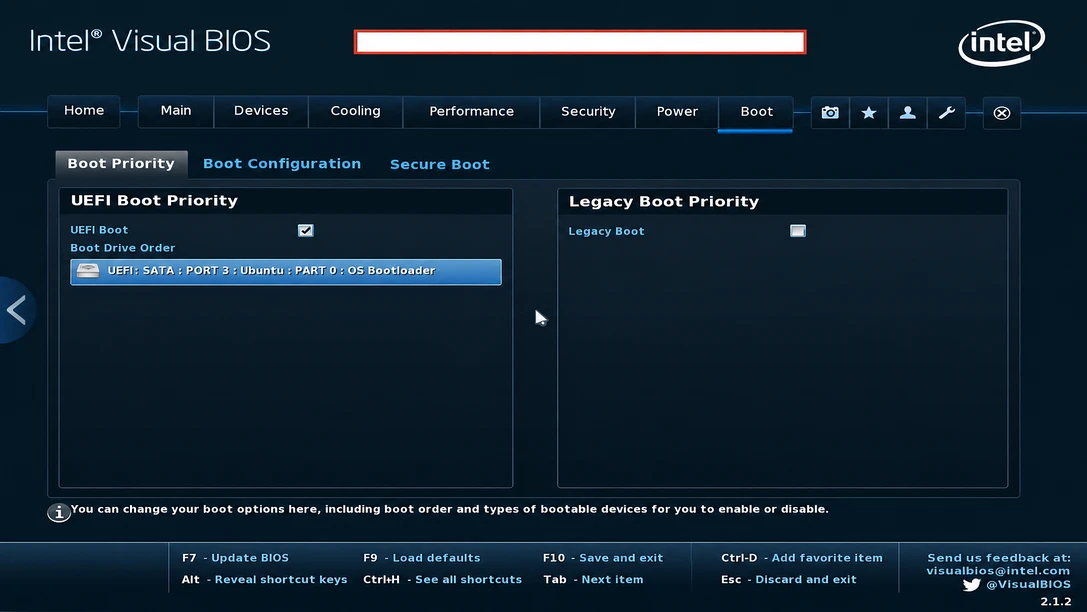 Intel Visual BIOS에서 UEFI Boot와 Legacy Boot 사용 여부를 확인하는 설정 화면