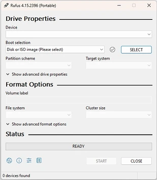 Device, Boot selection, Partition scheme과 Target system 항목이 표시된 Rufus 기본 화면