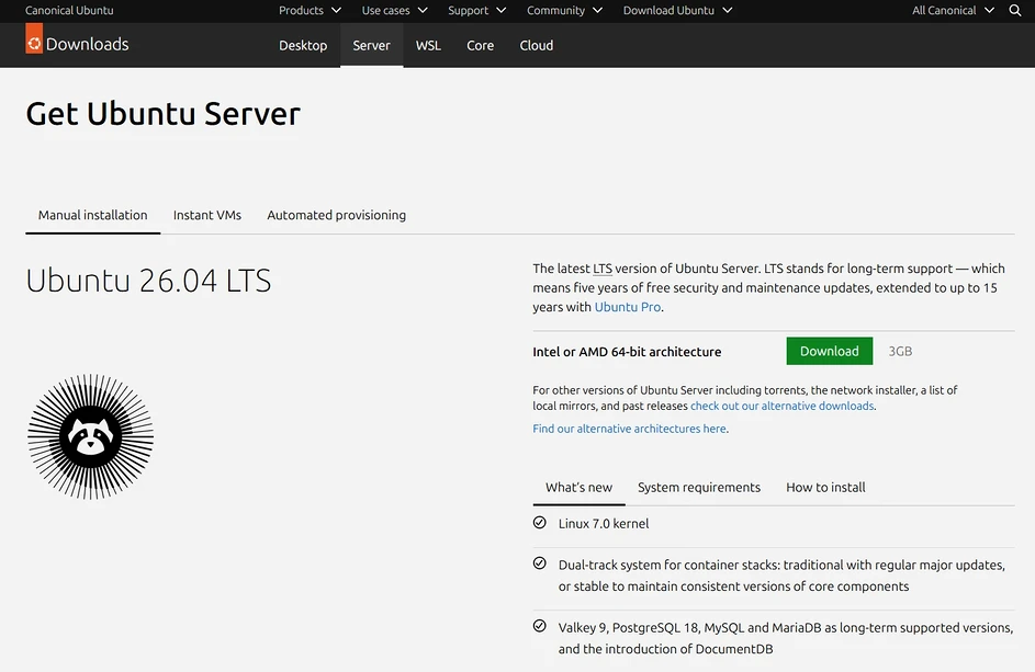 Ubuntu 26.04 LTS Server 다운로드 페이지에서 Intel 또는 AMD 64-bit 설치 이미지를 선택하는 항목