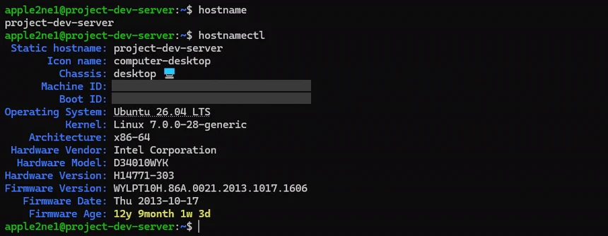 터미널에서 hostname과 hostnamectl 명령으로 project-dev-server의 서버 이름과 Ubuntu 버전, 커널 및 하드웨어 정보를 확인한 결과