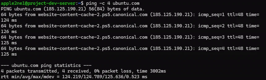 터미널에서 ubuntu.com으로 네 번의 ping 요청을 보내 모두 응답받고 패킷 손실이 0퍼센트임을 확인한 결과