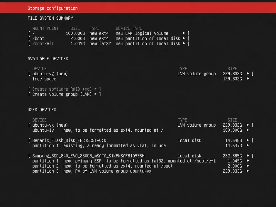 ubuntu server storage layout confirmation