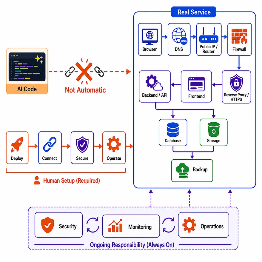 AI가 만든 코드는 출발점이며 실제 서비스에는 DNS, 공유기, 방화벽, Reverse Proxy, Frontend, Backend, Database, 백업과 운영이 별도로 필요하다는 구조