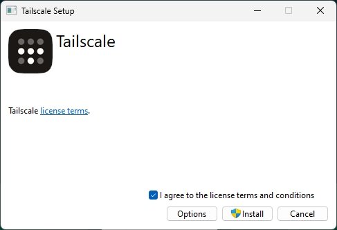 Tailscale 설치 시작 단계에서 사용권 계약에 동의한 뒤 Install을 클릭하여 Windows용 Tailscale을 설치합니다.
