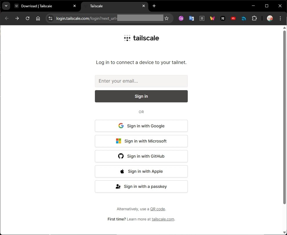 로그인 방법 선택 단계에서 웹 브라우저에 열린 Tailscale 로그인 화면에서 사용할 계정 인증 방법을 선택합니다.