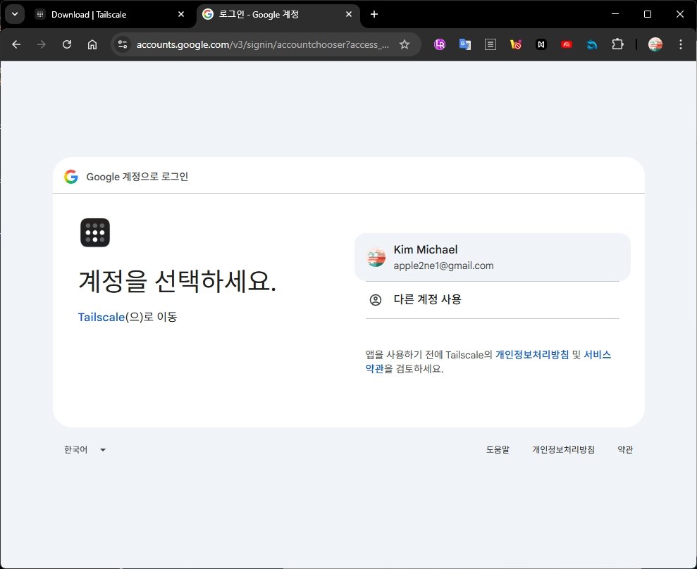 Google 계정 선택 단계에서 Tailnet을 관리하는 Google 계정을 선택하여 Tailscale 인증을 계속합니다.
