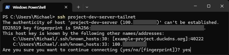 SSH 별칭으로 처음 접속 단계에서 PowerShell에서 Tailscale SSH 별칭으로 접속하고 별칭이 가리키는 서버의 Host Key를 확인합니다.