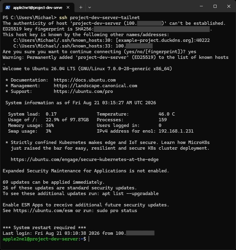 SSH 별칭 접속 성공 확인 단계에서 Host Key를 승인한 뒤 Tailscale SSH 별칭으로 Ubuntu 서버 로그인이 성공하는지 확인합니다.