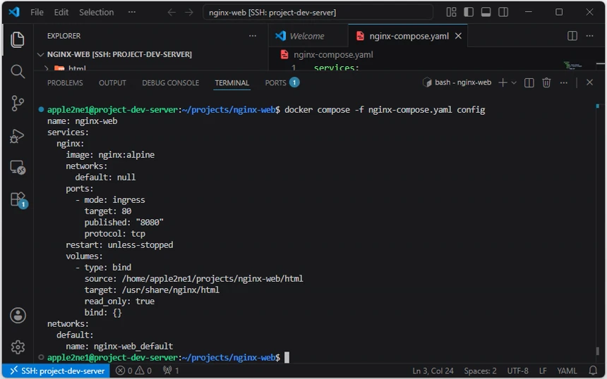 VS Code의 원격 터미널에서 docker compose -f nginx-compose.yaml config 명령으로 Nginx 서비스의 포트, 읽기 전용 바인드 마운트와 기본 네트워크 구성을 확인한 결과
