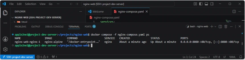 VS Code의 원격 터미널에서 docker compose -f nginx-compose.yaml ps 명령으로 Nginx 서비스 컨테이너의 실행 상태와 8080 포트 게시를 확인한 결과