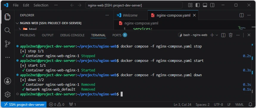 VS Code의 원격 터미널에서 docker compose -f nginx-compose.yaml stop과 start로 서비스를 중지하고 다시 시작한 뒤 docker compose -f nginx-compose.yaml down으로 컨테이너와 기본 네트워크를 제거한 결과