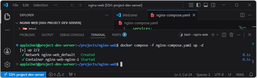 VS Code의 원격 터미널에서 docker compose -f nginx-compose.yaml up -d 명령으로 기본 네트워크를 생성하고 Nginx 서비스 컨테이너를 시작한 결과
