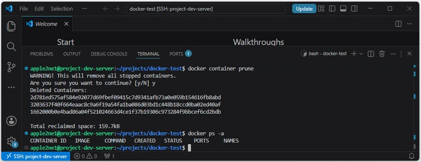 VS Code의 SSH 원격 터미널에서 docker container prune 명령으로 중지된 컨테이너를 삭제하고 회수된 공간과 비어 있는 docker ps -a 결과를 확인한 화면