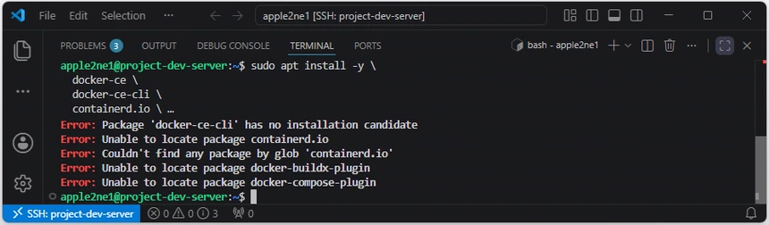 Docker Engine 설치 과정에서 docker-ce-cli와 containerd 및 Docker 플러그인 패키지를 찾지 못했다는 오류가 표시된 화면