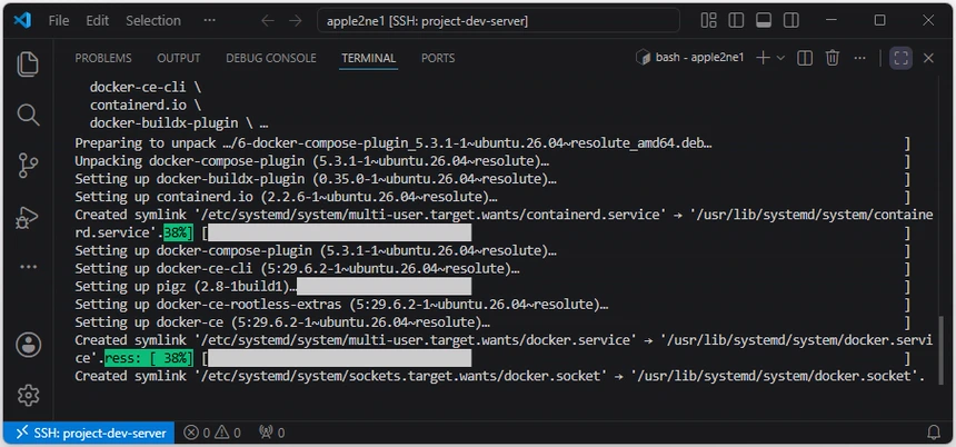 Docker Engine과 관련 플러그인을 설정하고 Docker 서비스와 소켓 연결을 생성하는 설치 진행 화면