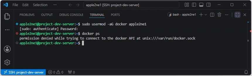 apple2ne1 사용자를 docker 그룹에 추가한 직후 현재 로그인 세션에서 docker ps를 실행해 Docker 소켓 권한 오류가 발생한 화면