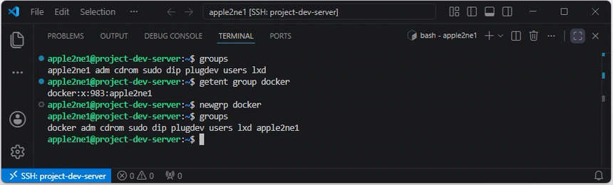 현재 세션의 그룹 목록을 확인하고 newgrp docker 실행 후 docker 그룹이 추가된 것을 다시 확인한 화면