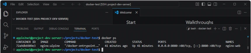 VS Code의 Linux 서버 터미널에서 docker ps 명령으로 nginx-web 컨테이너가 실행 중이며 호스트의 8080번 포트가 컨테이너의 80번 포트에 게시된 것을 확인한 결과