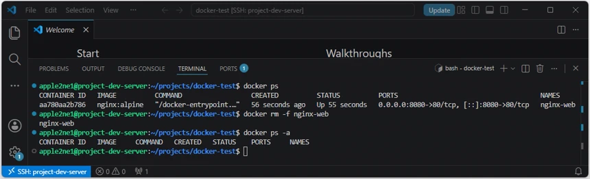 VS Code의 SSH 원격 터미널에서 docker rm -f nginx-web 명령으로 실행 중인 Nginx 컨테이너를 강제로 중지하고 삭제한 뒤 docker ps -a 명령으로 확인한 결과