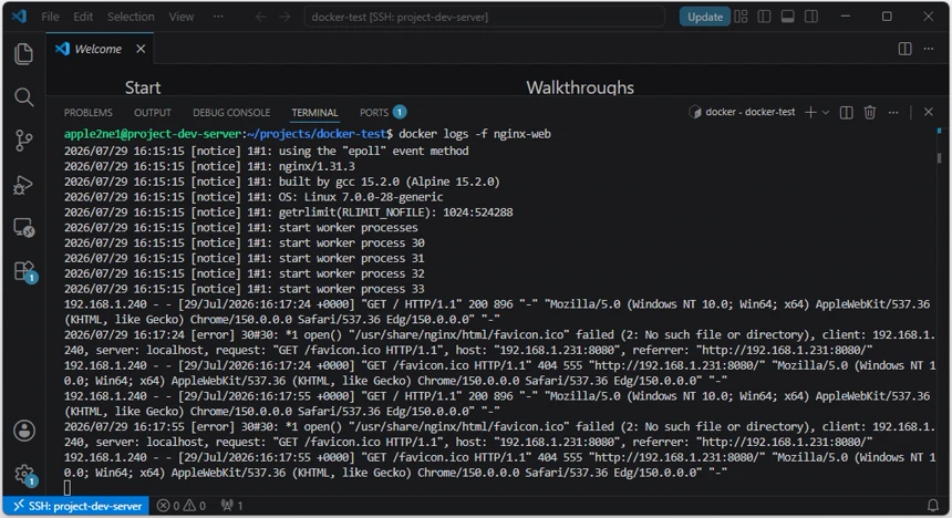 VS Code의 SSH 원격 터미널에서 docker logs -f nginx-web 명령으로 Nginx 시작 로그와 Windows 관리 PC의 GET 요청 및 favicon 파일 오류를 실시간으로 확인한 결과