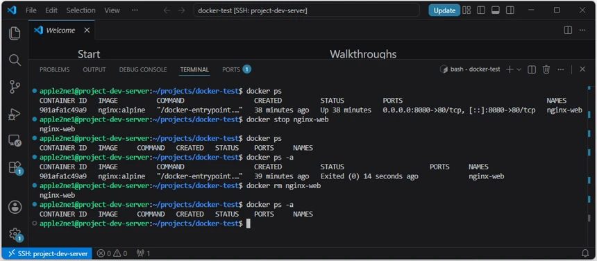 VS Code의 SSH 원격 터미널에서 nginx-web 컨테이너를 중지한 뒤 삭제하고 docker ps -a 명령으로 컨테이너가 남아 있지 않은지 확인한 결과
