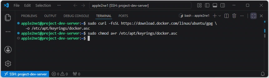 VS Code의 Linux 서버 터미널에서 Docker 공식 GPG 키를 내려받고 docker.asc 파일의 읽기 권한을 설정한 화면
