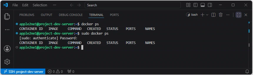VS Code의 Linux 서버 터미널에서 docker ps와 sudo docker ps를 실행해 컨테이너 목록을 확인한 화면