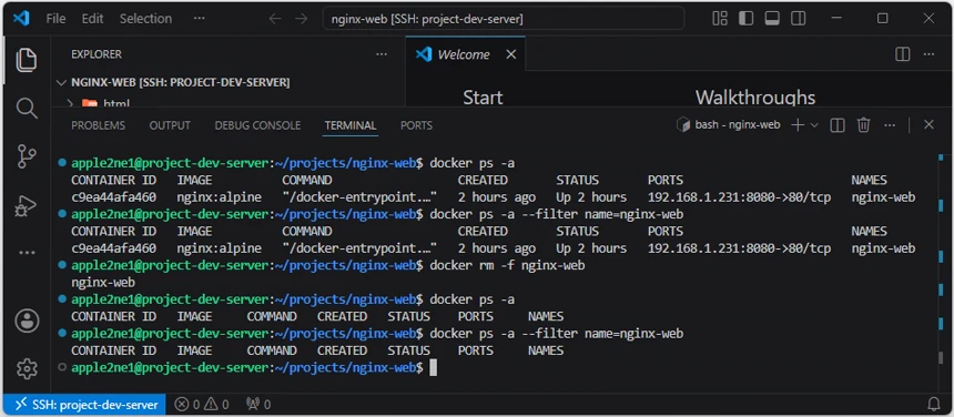 VS Code의 원격 터미널에서 기존 nginx-web 컨테이너를 확인하고 강제로 삭제한 뒤 컨테이너 목록에서 제거된 것을 확인한 결과