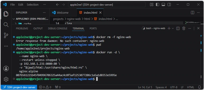VS Code로 연결한 Linux 서버 터미널에서 html 폴더를 읽기 전용으로 바인드 마운트하고 nginx-web 컨테이너를 실행한 결과