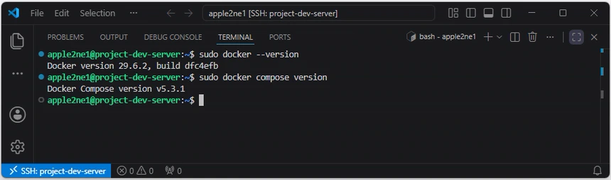 VS Code의 Linux 서버 터미널에서 Docker 29.6.2와 Docker Compose v5.3.1 버전을 확인한 화면