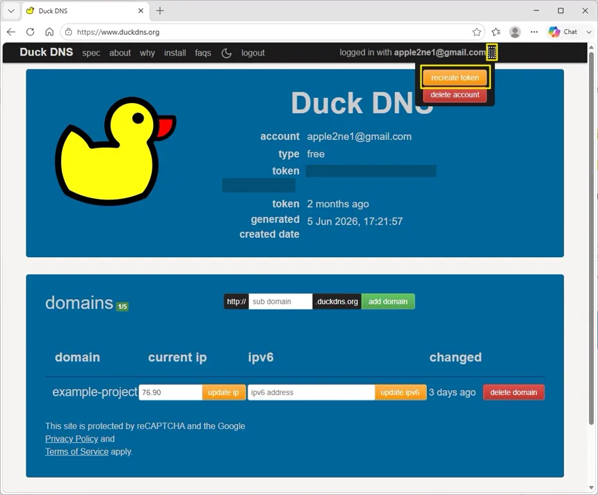 DuckDNS 계정 화면에서 상단 이메일 주소 오른쪽 메뉴의 recreate token 항목을 선택하는 상태이며 Token 값은 가림막 처리됨