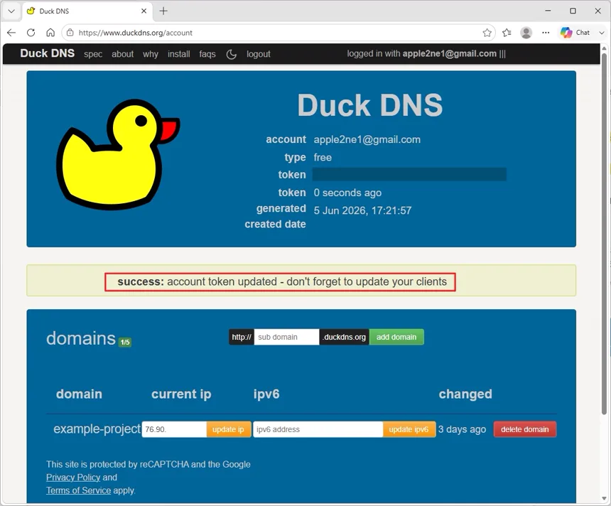 DuckDNS 계정의 Token 재발행이 완료되어 account token updated 성공 메시지가 표시되며 Token 값은 가림막 처리된 화면