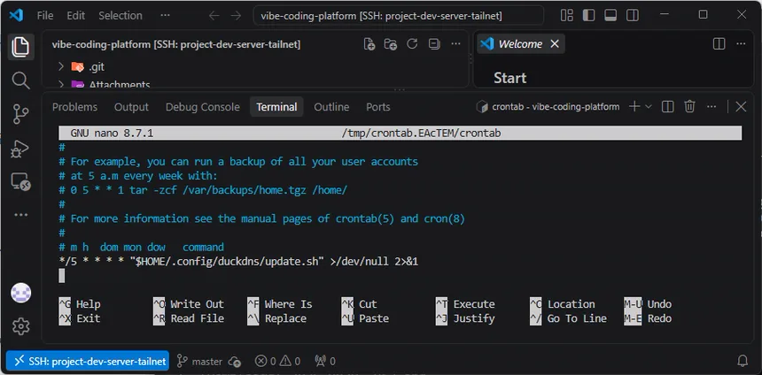 VS Code 원격 서버 터미널에서 crontab -e 명령으로 GNU nano 편집기가 열리고 DuckDNS 자동 갱신 예약 작업이 표시된 화면