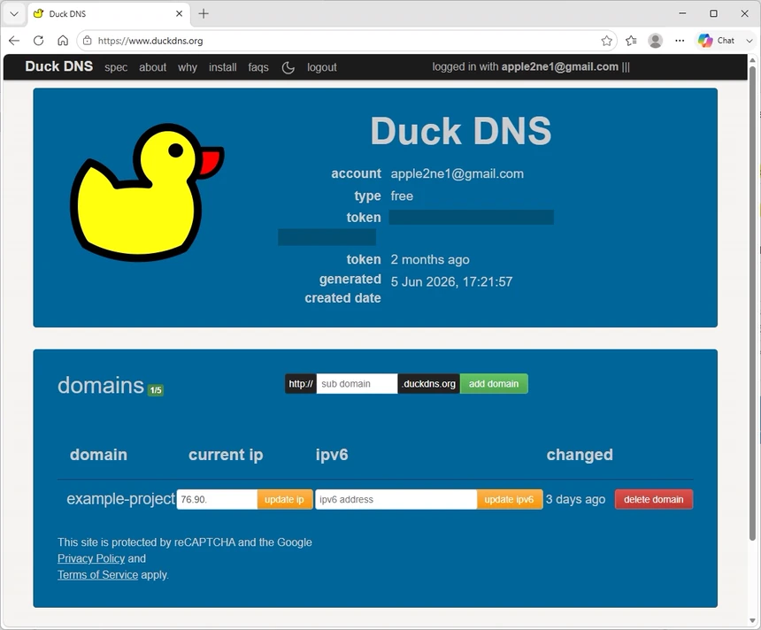 DuckDNS 계정 화면에서 Token 값이 가려지고 example-project 도메인과 일부를 가린 현재 IP 주소가 등록 목록에 표시된 상태