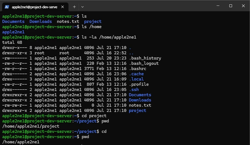 Linux 터미널에서 `cd` 명령으로 Directory를 이동한 뒤 `pwd`를 실행해 변경된 현재 경로를 확인하는 화면