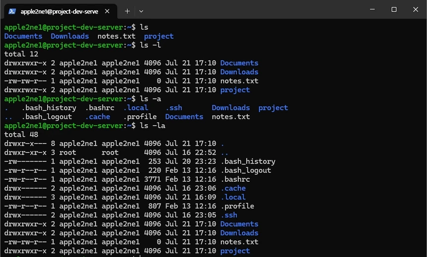 Linux 터미널에서 `ls`, `ls -l`, `ls -a`와 `ls -la` 명령을 실행해 기본 목록, 상세 정보와 숨김 파일 표시 결과를 비교하는 화면
