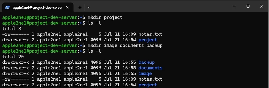 Linux 터미널에서 `mkdir` 명령으로 Directory를 만든 뒤 `ls -l`을 실행해 생성된 Directory를 확인하는 화면