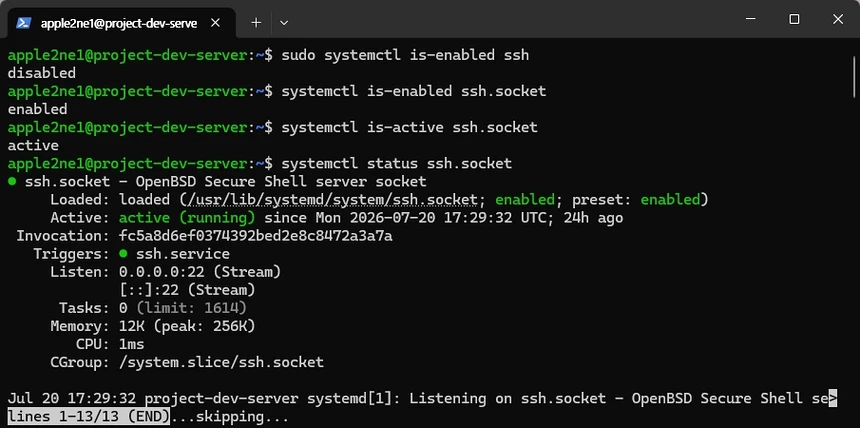 Linux 터미널에서 `systemctl is-enabled ssh.service`를 실행해 SSH 서비스의 자동 실행 상태가 `disabled`로 표시된 화면