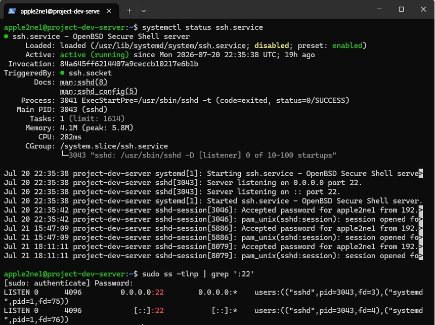 Linux 터미널에서 `systemctl status ssh.service`를 실행해 SSH 서비스의 Loaded와 Active 상태를 확인하는 화면