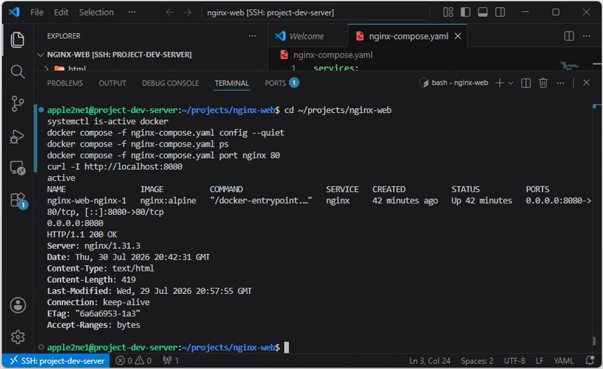 VS Code의 원격 터미널에서 Docker 서비스 상태, Compose 구성, Nginx 서비스와 포트 게시 및 HTTP 200 응답을 차례로 확인한 최종 결과