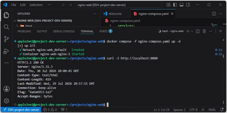 VS Code의 원격 터미널에서 curl 명령으로 localhost의 8080번 포트에 요청해 HTTP 200 응답을 확인한 결과