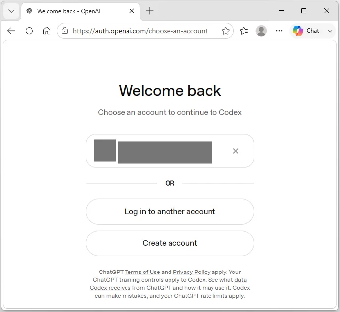 OpenAI Codex 계정 선택 화면에서 프로필 이미지, 실명과 이메일을 회색으로 가린 상태
