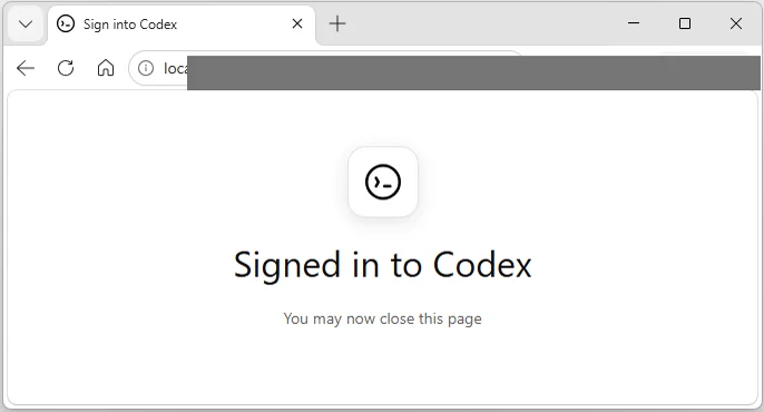 Signed in to Codex 완료 화면에서 id_token이 포함된 주소 표시줄을 회색으로 가린 상태