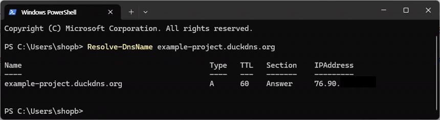 Windows PowerShell에서 DuckDNS 도메인의 A 레코드와 일부를 가린 IPv4 주소를 확인한 화면