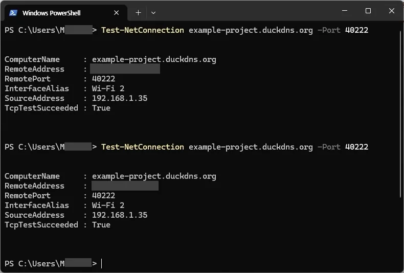 외부 Windows PC의 PowerShell에서 DuckDNS 도메인의 포트 40222 연결을 확인하고 project-dev-server-remote 별칭으로 SSH 접속을 시험한 화면이며 사용자 경로와 결과는 회색으로 가려진 상태