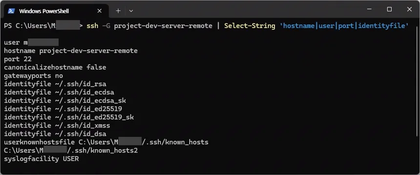 Windows PowerShell에서 ssh -G 명령으로 project-dev-server-remote 별칭에 적용된 호스트 이름, 사용자, 포트와 개인 키 경로를 확인한 화면이며 사용자 경로와 출력은 회색으로 가려진 상태