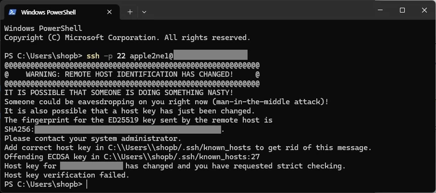 Windows PowerShell에서 SSH Host Key 불일치 경고가 표시되고 서버 IP 주소와 SHA256 지문 값이 회색으로 가려진 화면