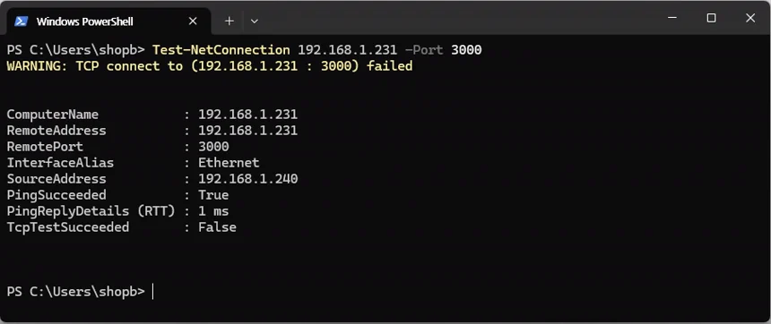 Windows 관리 PC에서 백엔드 3000 포트가 외부에 공개되지 않았음을 확인한 PowerShell 화면
